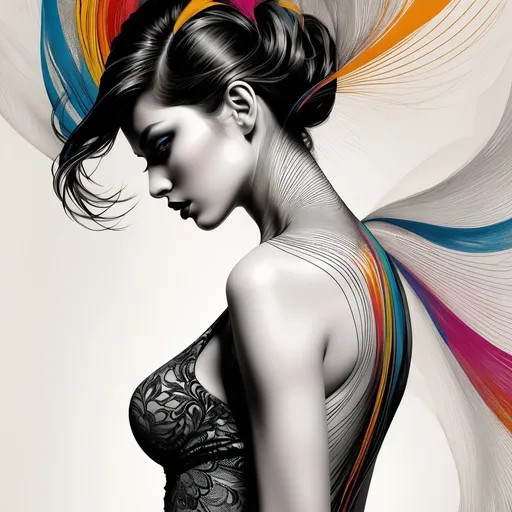 Prompt: style by Gabriel Moreno, Nick Gentry, Gyorgy Kepes: Female beauty through graphic and elegant images, delicate acrylic paint colorful lines that show beauty and hide fragility, fear, ephemeron, sensuality, and tattoo lines, coursing through the skin of the figure and revealing what its beauty hides. Abelardo Morell photography background, Mixed media, Highly detailed, intricate, beautiful, 3d, extremely detailed, stunning gorgeous, award winning, fantastic view