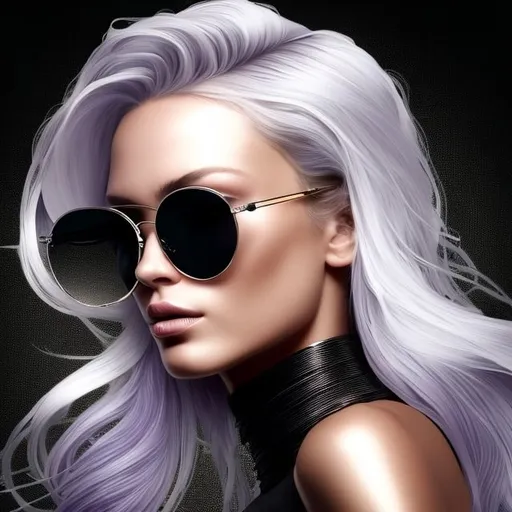 Prompt: Create a stylized portrait of a woman with flowing hair and oversized sunglasses, incorporating a metallic look. The hair should appear as shimmering strands of metal in hues of chrome, steel, and iridescent colors reflecting light, such as purples, pinks, blues, and golds. The sunglasses should have a reflective, mirror-like quality, akin to polished silver. The skin should have a subtle metallic sheen, suggesting a futuristic or cybernetic theme. The background should be simple, perhaps a gradient of dark to light grays, to accentuate the metallic elements of the subject. The composition should be square, perfect for avatars or profile pictures, with a balance between realism and stylization.