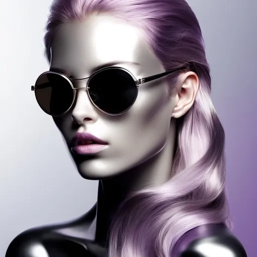 Prompt: Create a stylized portrait of a woman with flowing hair and oversized sunglasses, incorporating a metallic look. The hair should appear as shimmering strands of metal in hues of chrome, steel, and iridescent colors reflecting light, such as purples, pinks, blues, and golds. The sunglasses should have a reflective, mirror-like quality, akin to polished silver. The skin should have a subtle metallic sheen, suggesting a futuristic or cybernetic theme. The background should be simple, perhaps a gradient of dark to light grays, to accentuate the metallic elements of the subject. The composition should be square, perfect for avatars or profile pictures, with a balance between realism and stylization.