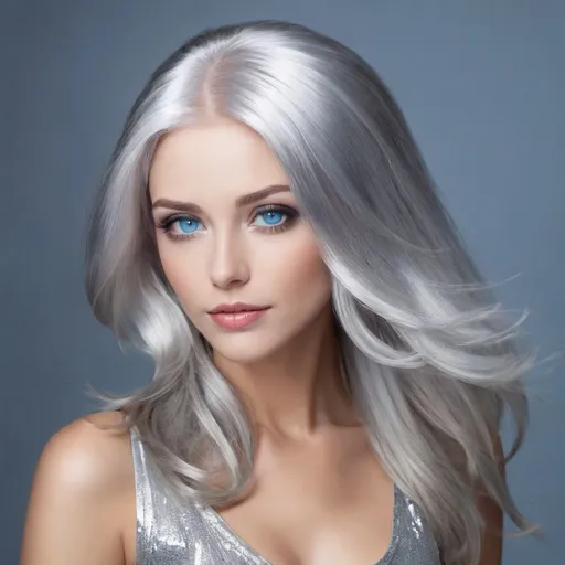 Prompt: A beautiful woman with shiny silver hair and blue eyes