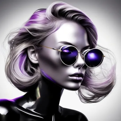 Prompt: Create a stylized portrait of a woman with flowing hair and oversized sunglasses, incorporating a metallic look. The hair should appear as shimmering strands of metal in hues of chrome, steel, and iridescent colors reflecting light, such as purples, pinks, blues, and golds. The sunglasses should have a reflective, mirror-like quality, akin to polished silver. The skin should have a subtle metallic sheen, suggesting a futuristic or cybernetic theme. The background should be simple, perhaps a gradient of dark to light grays, to accentuate the metallic elements of the subject. The composition should be square, perfect for avatars or profile pictures, with a balance between realism and stylization.