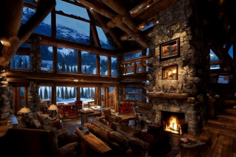 Prompt: an epic ski chalet at the base of Whistler Blackcomb, log cabin, ski hill, resort, hyper detailed, photorealistic, intricate