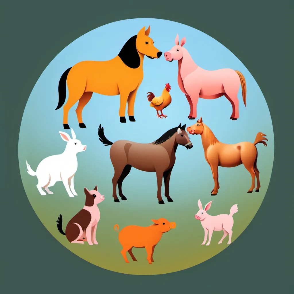 Prompt: A circular image against a transparent background showing a stylized image of a dog, cat, horse, pig, chicken and rabbit together