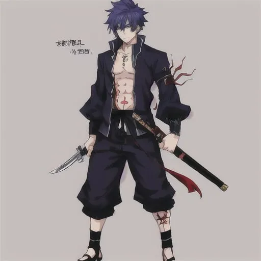 Prompt: a male anime character that had difficult childhood in the past holding a unique weapon which is sent by god, character has an unique tattoo. he is wearing coolest outfit ever