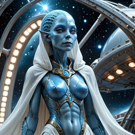 Prompt: (beautiful female blue alien), full-size, shimmering light blue skin, (long white cape with stand-up collar), descending steps of an alien ship, intricate starry background, (vibrant colors), futuristic ambiance, (highly detailed), dramatic lighting, sci-fi theme, (ethereal atmosphere), imaginative setting, captivating scene, 4K quality.