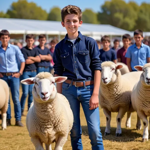 Prompt: white sheep in a show competition, (14-year-old boy), wearing jeans, dark blue shirt, confident expression, standing proudly beside the sheep, vibrant colors, clear sky background, active atmosphere, excited crowd in distance, soft natural lighting, showcasing 4K ultra-detailed quality, capturing the essence of competition and bond between youth and livestock.