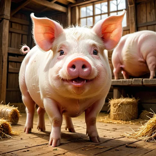 Prompt: (Anime character), a white  pig, standing, playful expression, ears perked up, inside a rustic barn, warm lighting filtering through wooden beams, scattered hay on the ground, vibrant colors creating a cozy atmosphere, detailed textures of the pig's fur, ultra-detailed, cheerful ambiance, soft shadows enhancing the scene, high-quality, whimsy and fun, perfect blend of contrast.