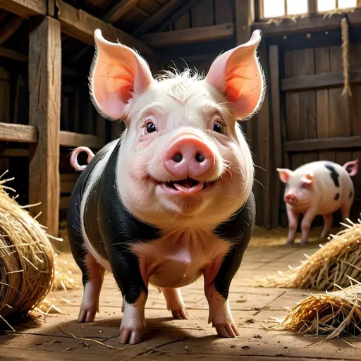 Prompt: (Anime character), a half black and half white pig, standing, playful expression, ears perked up, inside a rustic barn, warm lighting filtering through wooden beams, scattered hay on the ground, vibrant colors creating a cozy atmosphere, detailed textures of the pig's fur, ultra-detailed, cheerful ambiance, soft shadows enhancing the scene, high-quality, whimsy and fun, perfect blend of contrast.