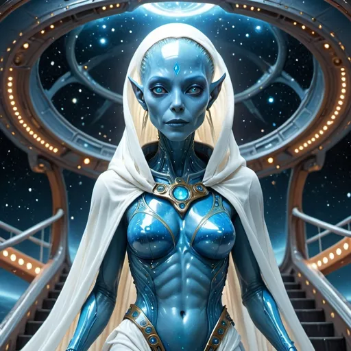 Prompt: (beautiful female blue alien), full-size, shimmering light blue skin, (long white cape with stand-up collar), descending steps of an alien ship, intricate starry background, (vibrant colors), futuristic ambiance, (highly detailed), dramatic lighting, sci-fi theme, (ethereal atmosphere), imaginative setting, captivating scene, 4K quality.