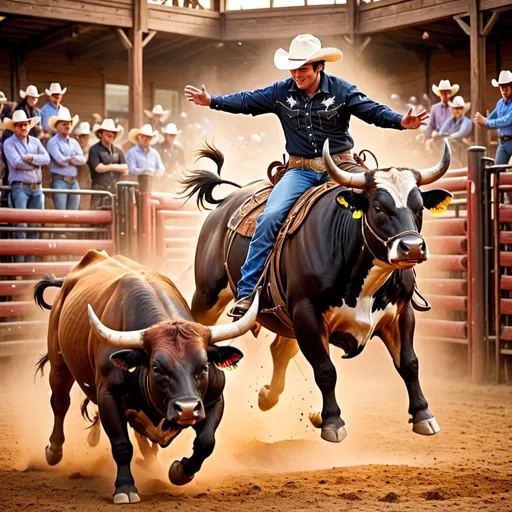 Prompt: (Cowboy riding a bucking bull), dynamic rodeo scene, lively atmosphere, excited audience in the background, cheering and clapping, dusty arena with wooden barriers, vibrant colors capturing the energy, sun setting casting warm golden light, high-quality composition, ultra-detailed with action-packed energy, showcasing the thrill and excitement of the rodeo.