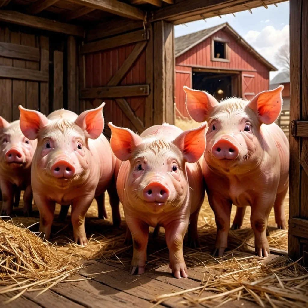 Prompt: Several (adorable) red pigs in a rustic barn, (playful) expressions, surrounded by scattered straw, (warm earthy tones) illuminating the scene, cozy atmosphere, (soft sunlight) filtering through barn doors, enhancing the (homely) vibe, intricate details on the pigs' soft fur, high quality, (ultra-detailed) scene, emphasizing a pastoral lifestyle.