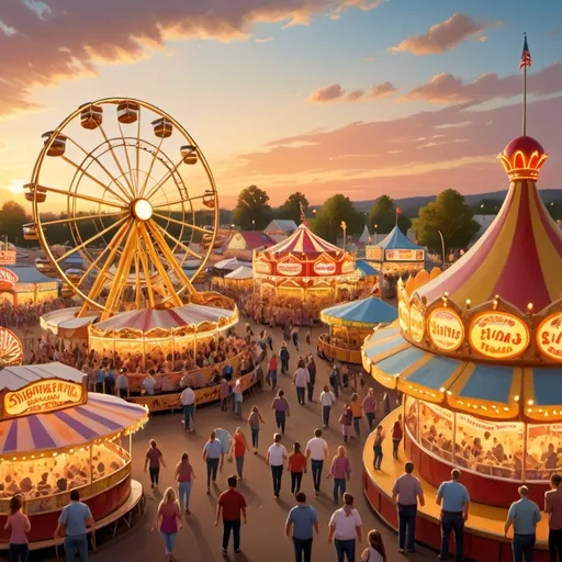 Prompt: (vibrant scene of people at a state fair), joyous atmosphere, energetic music playing, colorful rides spinning, delicious food vendors with tempting snacks, (sunset casting golden light), crowded background filled with laughter and excitement, enticing sights and sounds, (ultra-detailed) illustration of a lively, cheerful event, warm colors capturing the festive spirit.