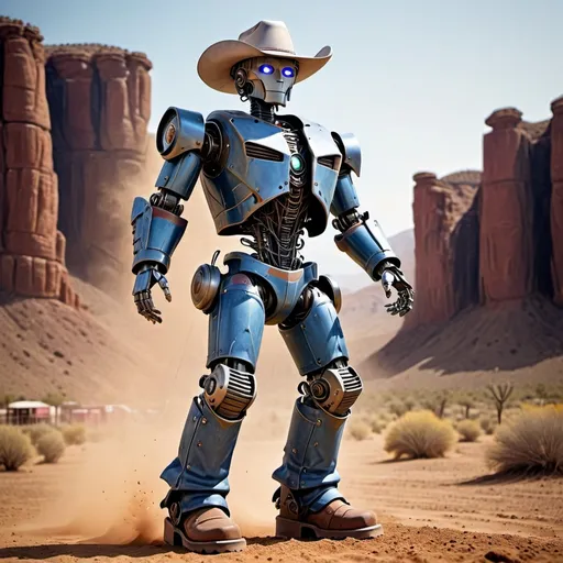 Prompt: (life-size male robot), dressed in western jeans, flannel shirt, cowboy hat, cowboy boots, (rodeo arena backdrop), dynamic pose, (vibrant colors), desert landscape, bright sunlight, dust and excitement in the air, (highly detailed), cinematic atmosphere, (realistic textures), showcasing a unique blend of technology and cowboy culture.