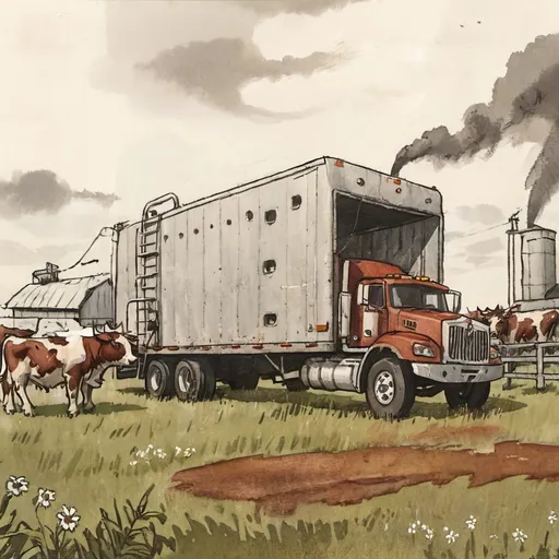 Prompt: (ultra-detailed) portrait of a large slaughterhouse truck, pulling a livestock trailer with air vents, industrial setting, gritty atmosphere, muted colors with hints of rust, dramatic lighting casting long shadows, surrounding environment featuring rows of farm fences, scattered grass, and distant hills, emphasizing realism, high-resolution, cinematic depth, showcasing the imposing nature of the vehicle.