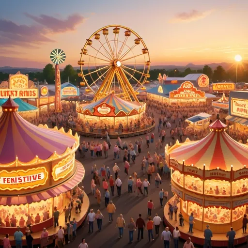 Prompt: (vibrant scene of people at a state fair), joyous atmosphere, energetic music playing, colorful rides spinning, delicious food vendors with tempting snacks, (sunset casting golden light), crowded background filled with laughter and excitement, enticing sights and sounds, (ultra-detailed) illustration of a lively, cheerful event, warm colors capturing the festive spirit.