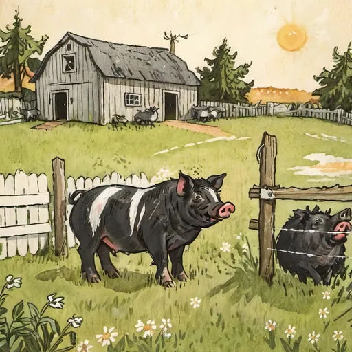 Prompt: black pig with a white stripe on shoulders, (standing proudly) in a rustic pig pen, (vibrant rural setting), (lush grass), cozy (sun-drenched barn) in background, (playful ambiance), soft shadows, inviting atmosphere, (high detailed textures), warm natural colors, (4K HD quality), serene daylight lighting enhancing the charming scene.