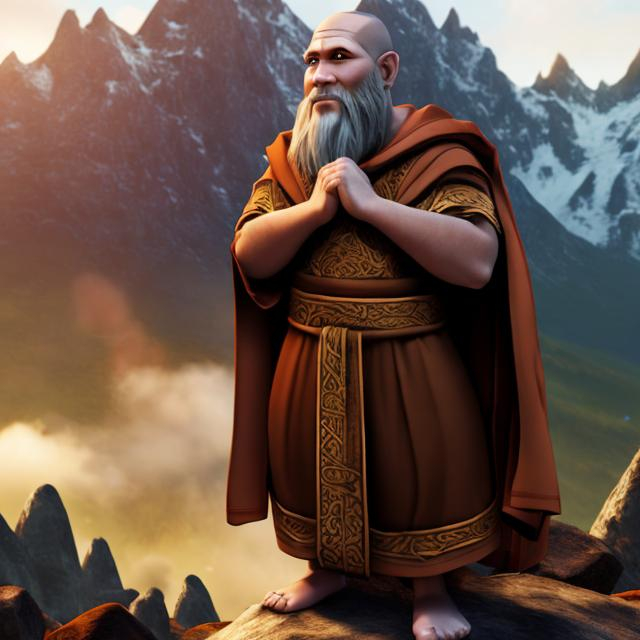 Prompt: young adult dwarven monk on a mountain wearing robes