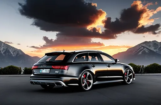 Prompt: Audi rs6 in black with rs6 bumper badge parked in a parking lot with the sunset in the background and clouds in the sky above and mountains behind