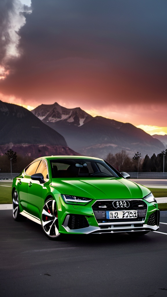 Prompt: Audi rs7 in green with rs7 bumper badge parked in a parking lot with the sunset in the background and clouds in the sky above and mountains behind