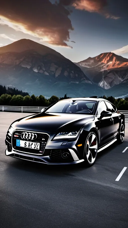 Prompt: Audi rs7 in black with rs7 bumper badge parked in a parking lot with the sunset in the background and clouds in the sky above and mountains behind