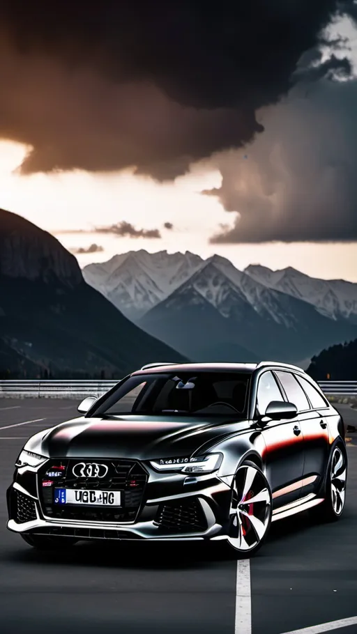 Prompt: Audi rs6 in black with rs6 bumper badge parked in a parking lot with the sunset in the background and clouds in the sky above and mountains behind