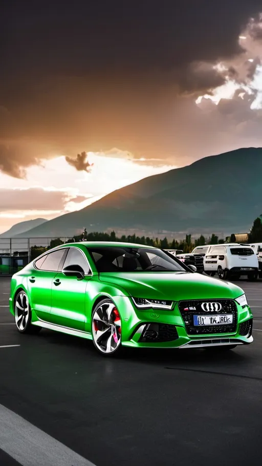 Prompt: Audi rs7 in green with rs7 bumper badge parked in a parking lot with the sunset in the background and clouds in the sky above and mountains behind