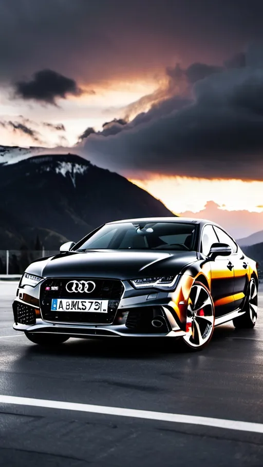 Prompt: Audi rs7 in black with rs7 bumper badge parked in a parking lot with the sunset in the background and clouds in the sky above and mountains behind