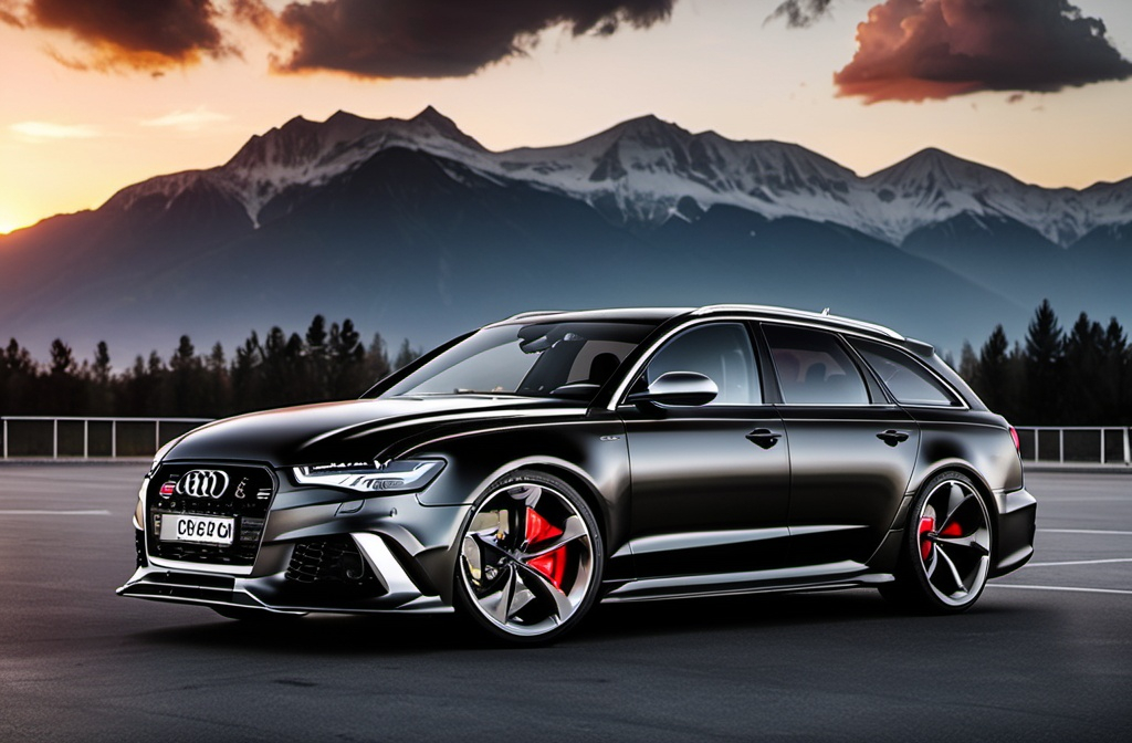 Prompt: Audi rs6 in black with rs6 bumper badge parked in a parking lot with the sunset in the background and clouds in the sky above and mountains behind