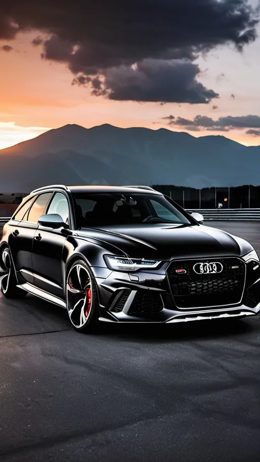 Prompt: Audi rs6 in black with rs6 bumper badge parked in a parking lot with the sunset in the background and clouds in the sky above and mountains behind