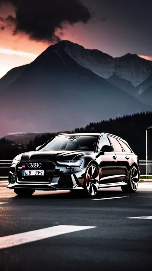 Prompt: Audi rs6 in black with rs6 bumper badge parked in a parking lot with the sunset in the background and clouds in the sky above and mountains behind