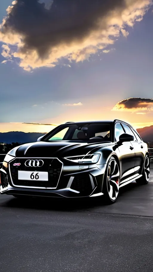 Prompt: Audi rs6 in black with rs6 bumper badge parked in a parking lot with the sunset in the background and clouds in the sky above and mountains behind