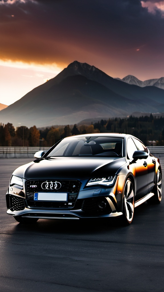 Prompt: Audi rs7 in black with rs7 bumper badge parked in a parking lot with the sunset in the background and clouds in the sky above and mountains behind