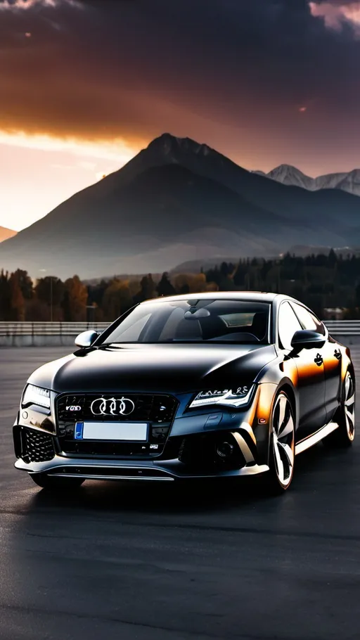 Prompt: Audi rs7 in black with rs7 bumper badge parked in a parking lot with the sunset in the background and clouds in the sky above and mountains behind