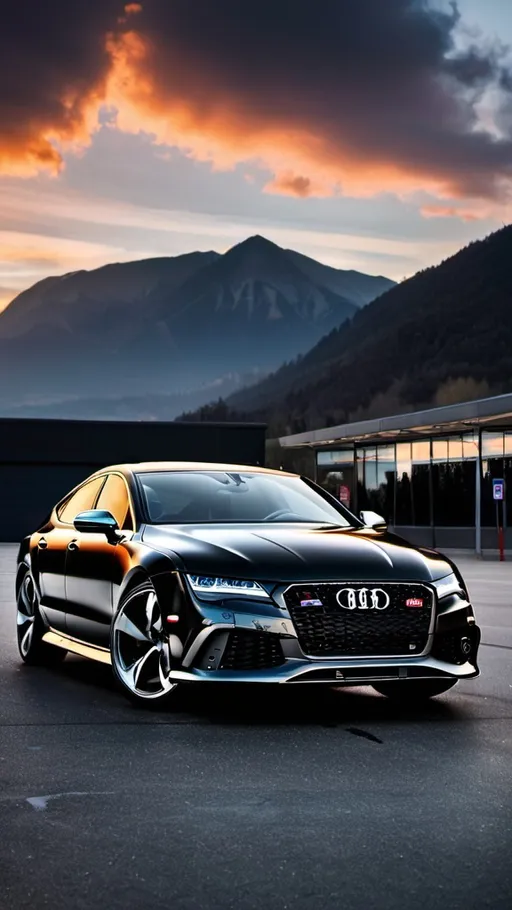 Prompt: Audi rs7 in black with rs7 bumper badge parked in a parking lot with the sunset in the background and clouds in the sky above and mountains behind