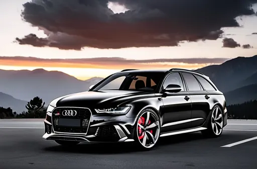 Prompt: Audi rs6 in black with rs6 bumper badge parked in a parking lot with the sunset in the background and clouds in the sky above and mountains behind