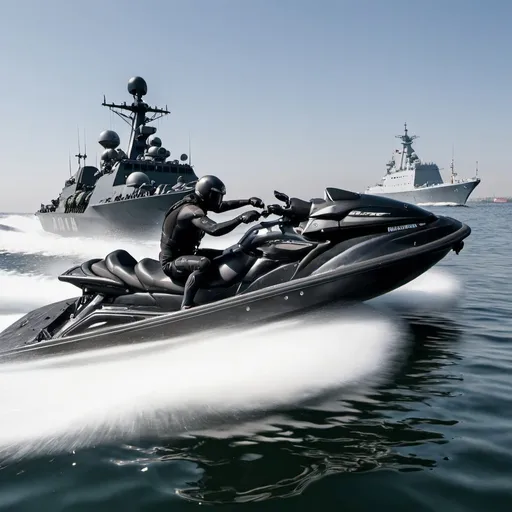 Prompt: black jetski with weapons running into russian warship