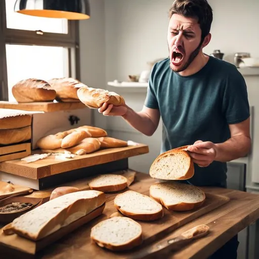 Prompt: Guy getting constantly disappointed with bread 