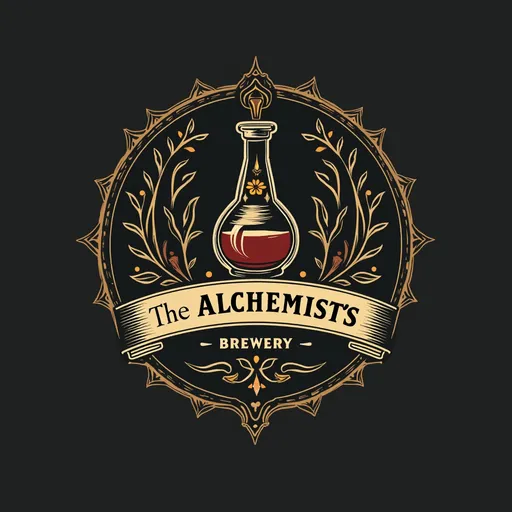 Prompt: a nice logo of a cafe called "The Alchemist’s Brewery" the icon will have ornaments around it with a potion bottle as the focus alongside the text itself