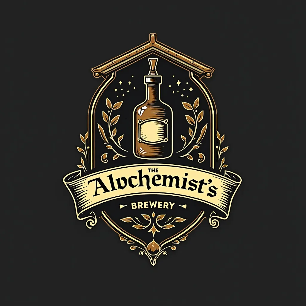 Prompt: a nice logo of a cafe called "The Alchemist’s Brewery" the icon will have ornaments around it with a potion bottle as the focus alongside the text itself, the top will have a medieval tavern's roof