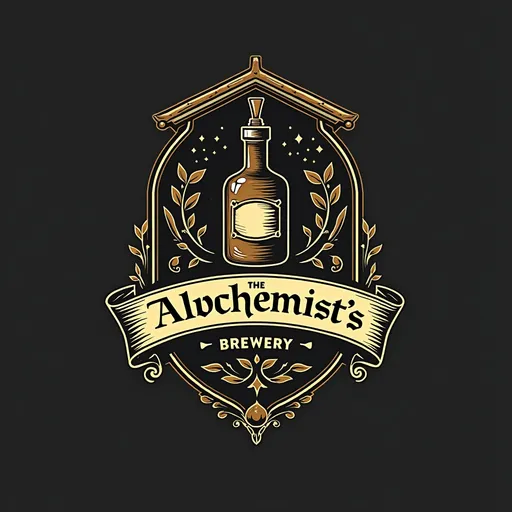 Prompt: a nice logo of a cafe called "The Alchemist’s Brewery" the icon will have ornaments around it with a potion bottle as the focus alongside the text itself, the top will have a medieval tavern's roof