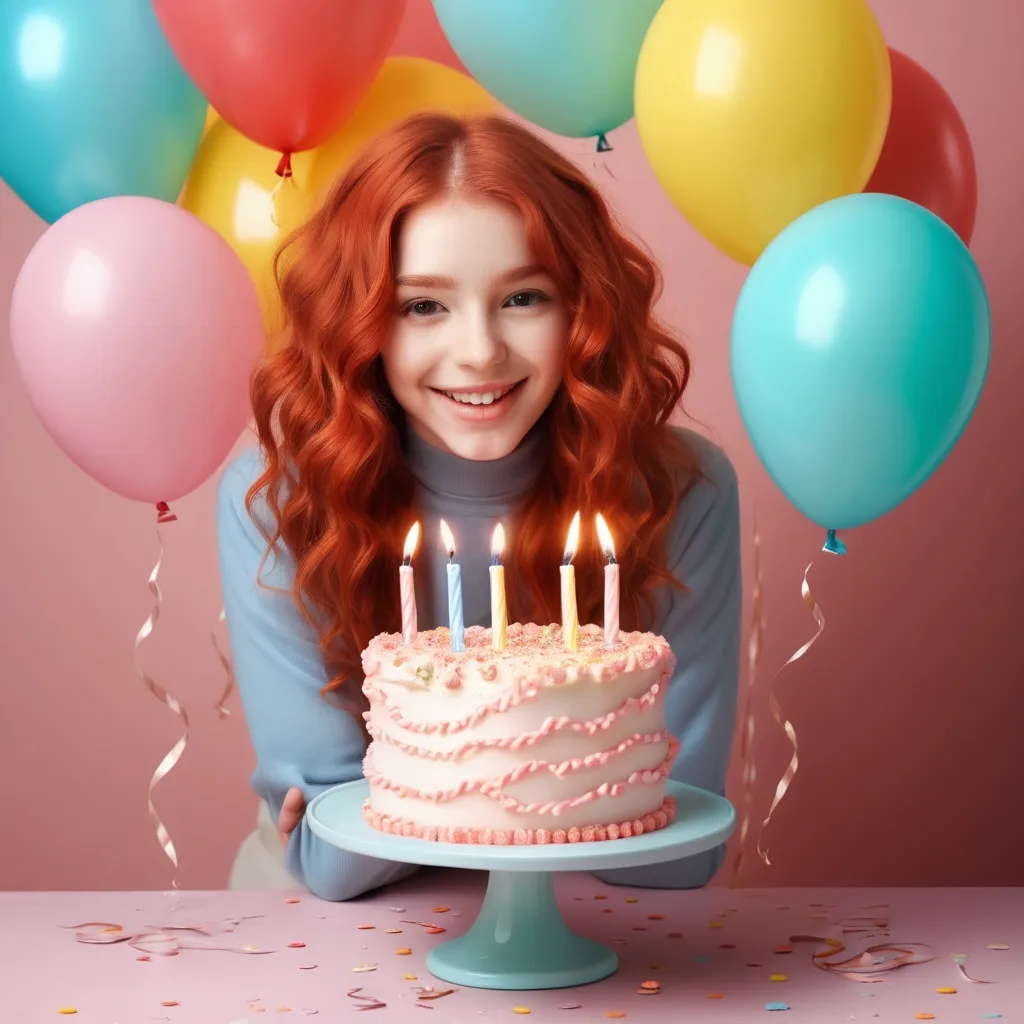 Prompt: Girl, red wavy hair, happy, cake with candle, balloons, inscription "Happy Birthday", pastel colors.