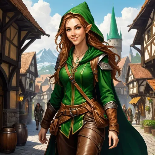 Prompt: DnD fantasy art, half body, teenage female half elf sorceress, half elf, sorceress, wizzard, shyly smiling, wizzard, magic, hazel long hair, light on hair, pointy ears, long detailed leather boots, detailed adventurer outfit, visible leather trousers , clothes with lot of pockets, back pack, detailed green hood, huge medieval backpack, running, detailed DnD city landscape with daylight ambiance, taverns and workshops visible in background, merchants in background, vibrant color, high quality, epic fantasy, traditional art, high quality details