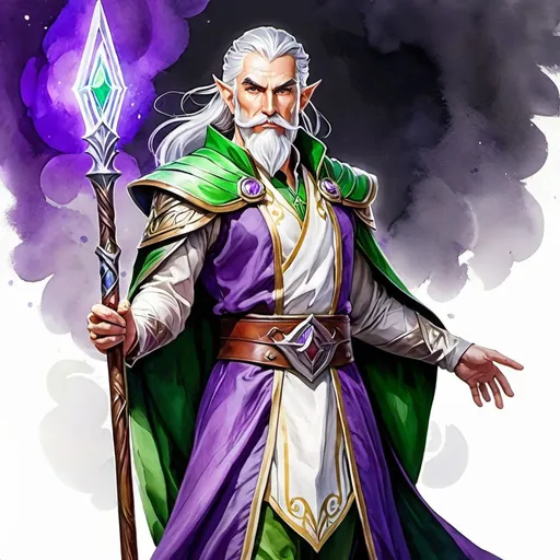 Prompt: Detailed DnD fantasy art of a heroic male dnd elven pureblood cleric, watercolor, full body,  white in grey hair, long white beard, green eyes, wrinkled face, purple clothes, dramatic lighting, vibrant colors, high quality, game-rpg style, epic fantasy, traditional art, dramatic lighting, heroic cleric, high quality details, wooden twisted staff, purple clothes, wrinkled face, wodden staff without metal pieces