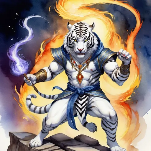Prompt: watercolor, fantasy art, white tiger headed sorcerer, full body, aggressive face, fighting in battle, hood, dragon head necklace, magic library background, vibrant color, dramatic lighting