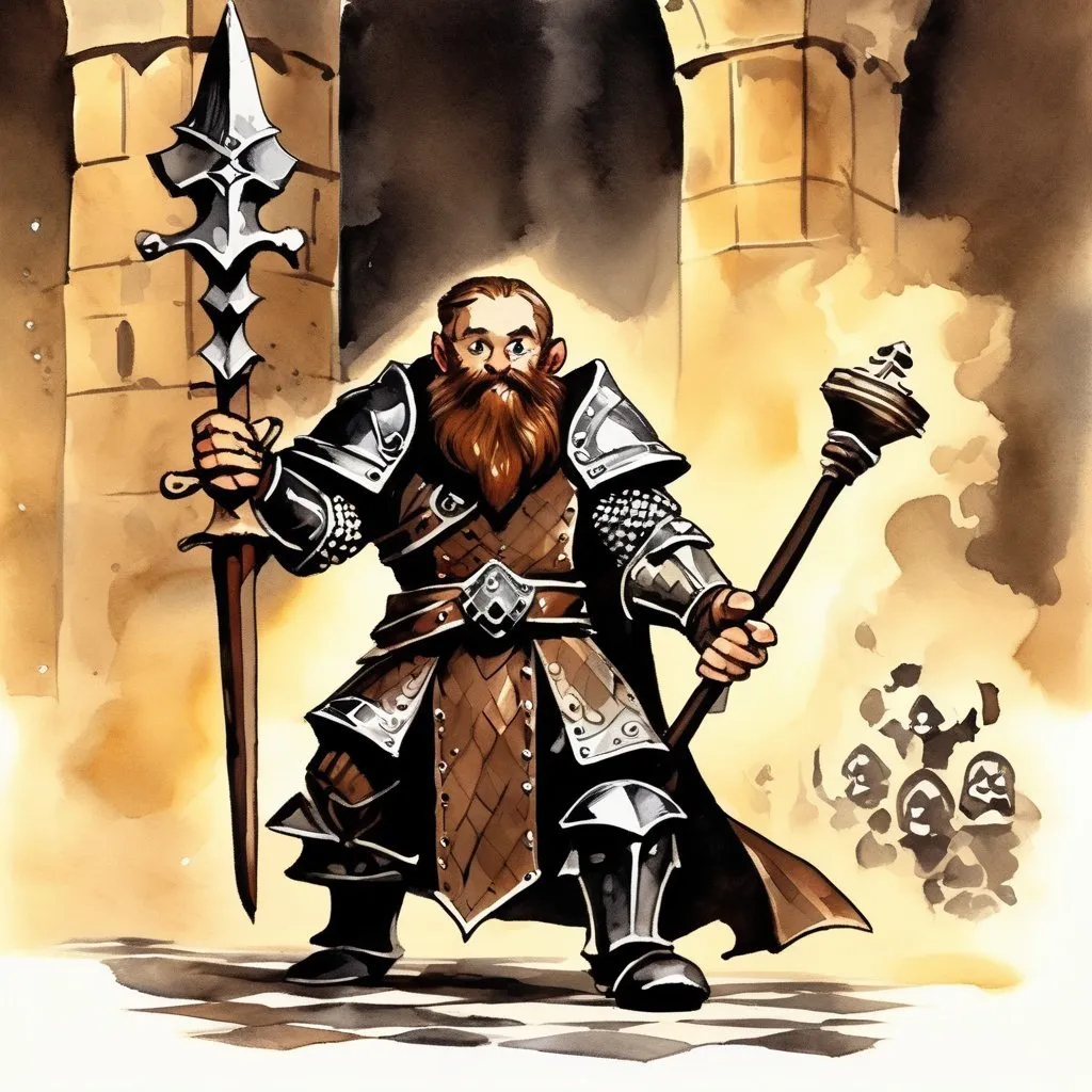 Prompt: ink painting, D&D fantasy, halfling priest, long brown hair, medium brown beard, chessnuts eyes, stand up, studded leather armor, mace of arms, white magic effect coming from hands