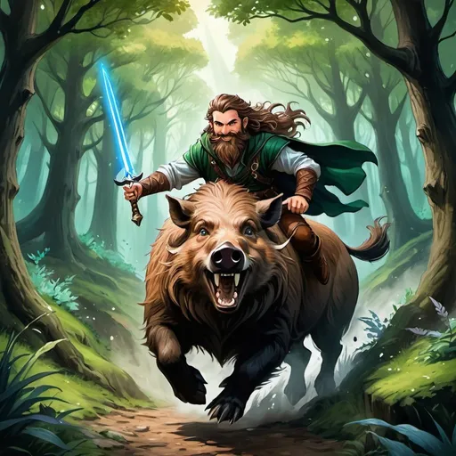 Prompt: ink painting, D&D fantasy, top down view, halfling male druid, fighting wild monster, long brown hair, long brown beard ondulating, blue eyes, laughing out and loud, brown wild boar, riding a brown wild boar, leather armor, holding dark green magic sword, using dark green magic, masterpiece, murky forest background in a DnD fantasy landscape with detailed plants and trees, atmospheric lighting, highres, medieval mysterious, murky tones, dark green magic explosion in background