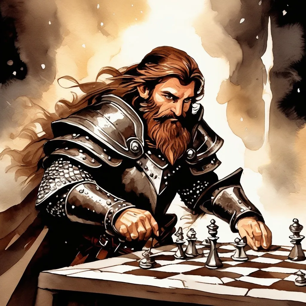 Prompt: ink painting, D&D fantasy, halfling priest, long brown hair, medium brown beard, chessnuts eyes, stand up, studded leather armor, mace of arms, white magic effect coming from hands