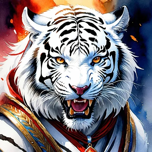 Prompt: watercolor, fantasy art, white tiger headed sorcerer, half body, aggressive face, fighting in battle, hood, dragon head necklace, vibrant color, dramatic lighting, hight quality details, traditional art