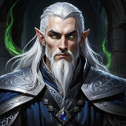 Prompt: Detailed DnD fantasy art of a heroic male dnd elven pureblood cleric, traditional detailed painting,  white in grey hair, long beard, intricate black in Darkblue black gown detailed black belts, dramatic lighting, vibrant colors, high quality, game-rpg style, epic fantasy, traditional art,, dramatic lighting, heroic cleric, vibrant colors, high quality details, green eyes