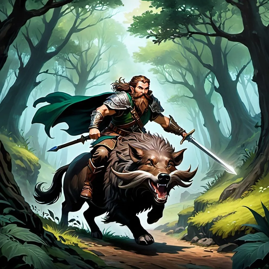 Prompt: ink painting, D&D fantasy, top down view, halfling male druid, fighting wild monster, long brown hair, long brown beard ondulating, blue eyes, laughing, riding a wild boar, leather armor, dark green magic effect coming from hands, using dark green magic, masterpiece, murky forest background in a DnD fantasy landscape with detailed plants and trees, atmospheric lighting, highres, medieval mysterious, murky tones,